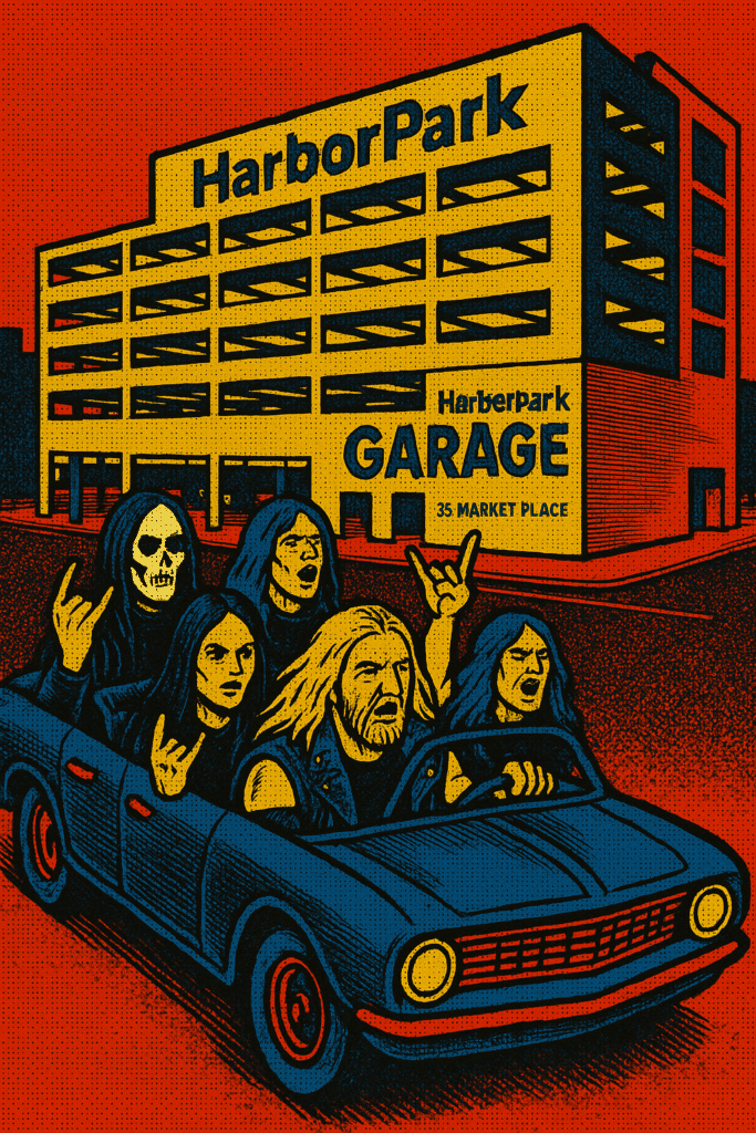 Four people with long hair and one in a skull mask make rock hand gestures while riding in a blue convertible in front of a yellow parking garage labeled "HarborPark Garage.