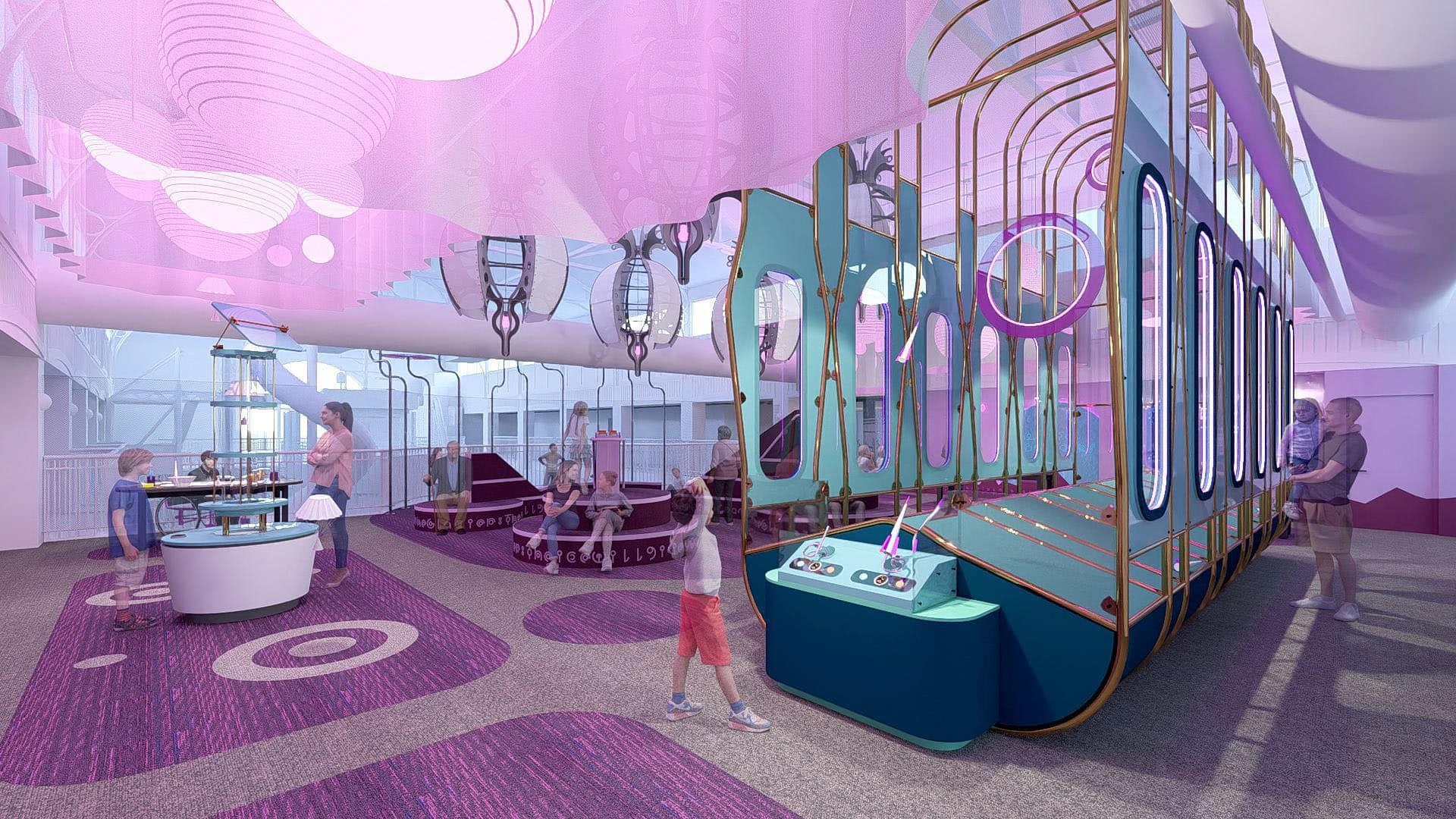 Children and adults interact with various play structures and activity stations in a brightly lit, modern indoor play area with purple and blue decor.