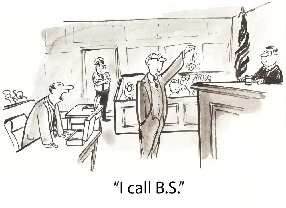 A lawyer stands in a courtroom, pointing and saying, “I call B.S.,” while the judge, jury, and others look on.